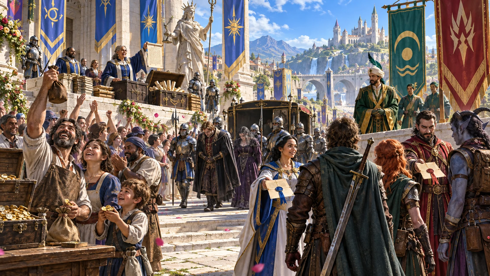 Illustrated council proclaims a political change as supporters celebrate, disappointed nobles leave and the party considers further invitations.