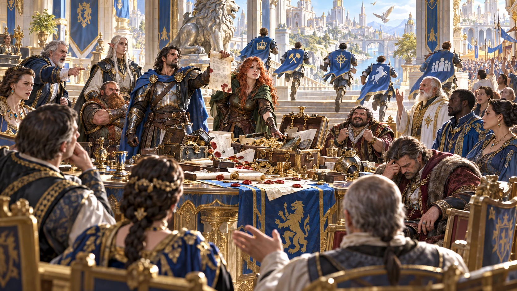 Illustrated adventurers present an established action to a council while messengers carry the first responses into the city.